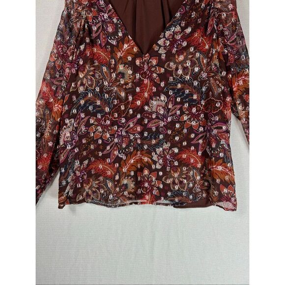 LOFT Metallic Floral Blouse Brown Red Sheer Boho Fall Top Long Sleeve Lined L - Picture 6 of 16